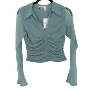 Y2K Sheer Ruched Top Women XS Green Mesh Long Sleeve Willow Root 90s Cropped NWT